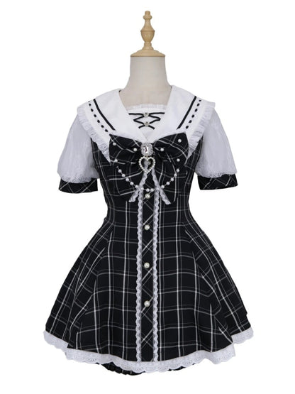 Plaid Bow Mini Dress + Ruffled Back Black Shorts Sailor Collar Self-tie Hem Jirai Kei Set