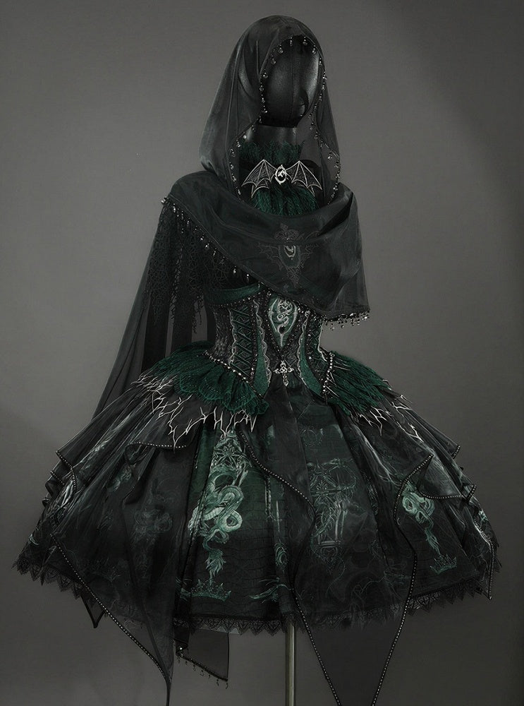Black & Green Bone Dragon Embroidery Halter Neck Gothic Lolita Dress Set - Ying Luo Fu