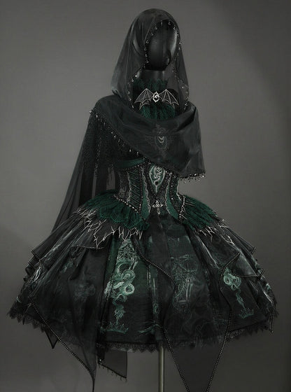 Black & Green Bone Dragon Embroidery Halter Neck Gothic Lolita Dress Set - Ying Luo Fu