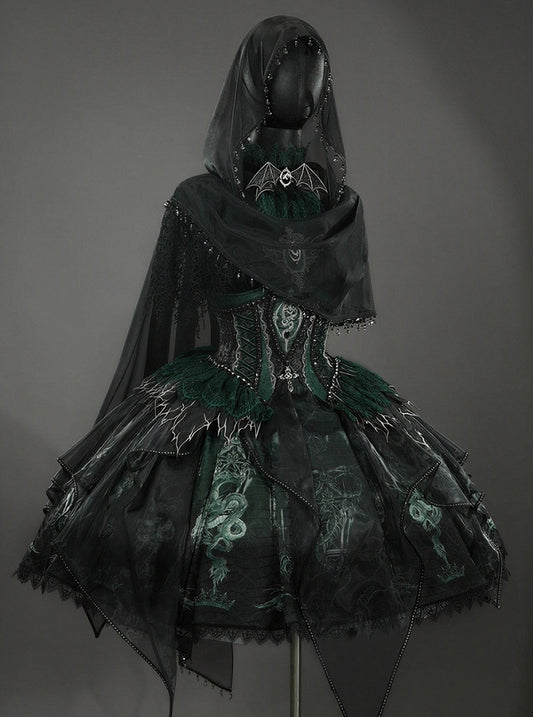 Black & Green Bone Dragon Embroidery Halter Neck Gothic Lolita Dress Set - Ying Luo Fu