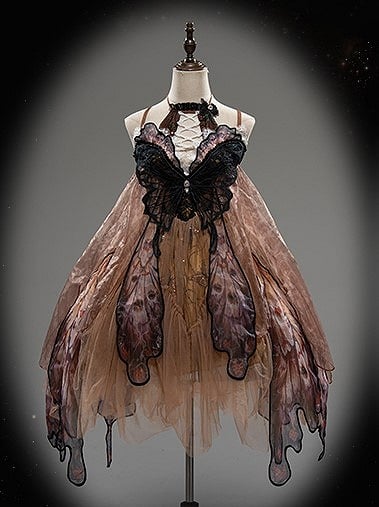 Black & Orange Butterfly Applique Gothic Lolita Dress with Butterfly Wing Hem Design