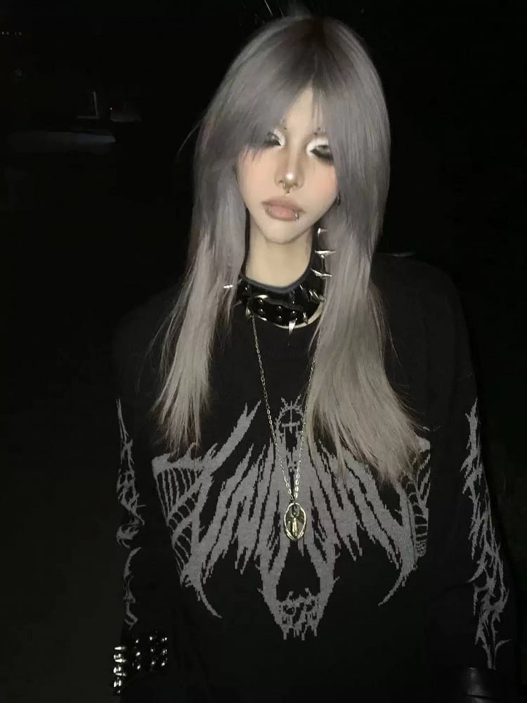 Skeletal Print Gothic Black Sweater Wing with
