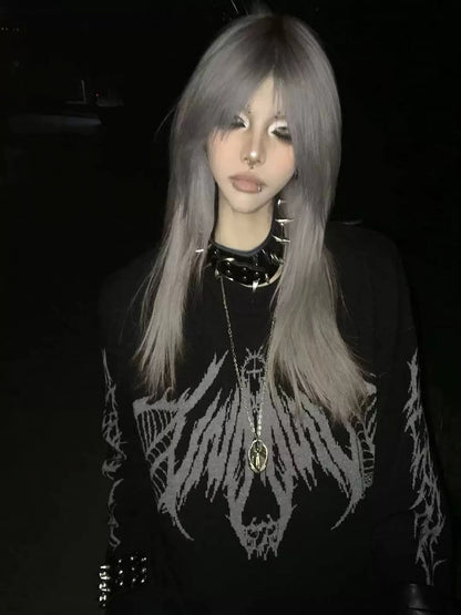 Skeletal Print Gothic Black Sweater Wing with