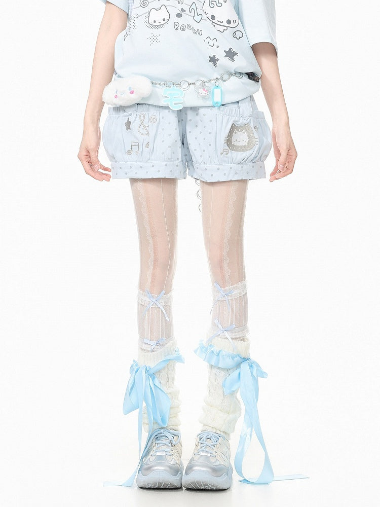 Blue Polka Dot Shorts with Kitty & Music Embroidery - Languid Park
