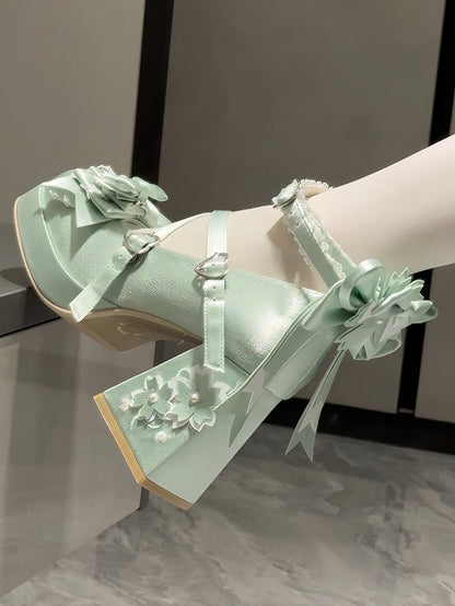 Jane Block Motif in Fastener Heart with Blossom Heel Green Bow Satin High Sweet Accents Shoes Cherry Mary Loltia
