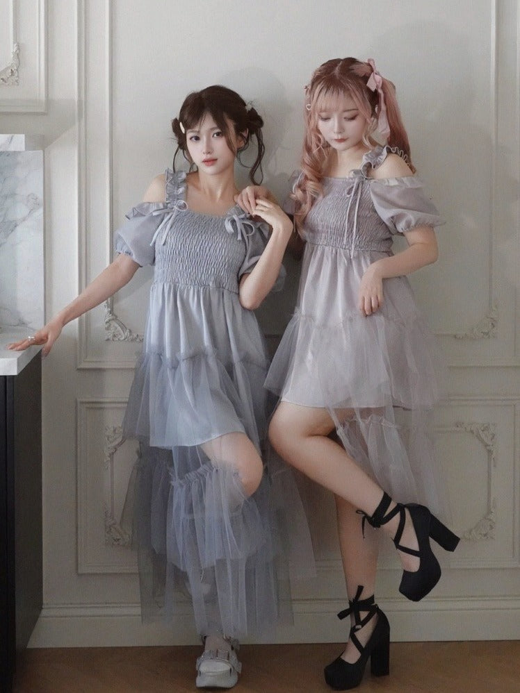 Dusty Blue Puff-Sleeve Dress with Tiered Tulle Hem - Smyster