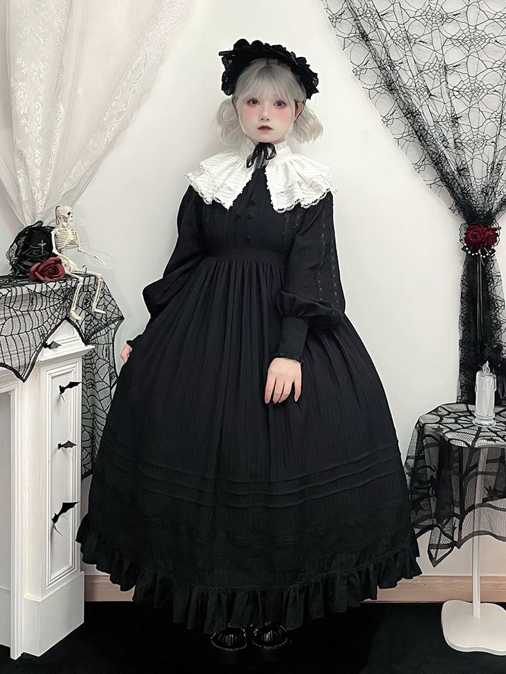 Lolita High Collar Sleeves Gothic Black Dress + Waist Long Kuro