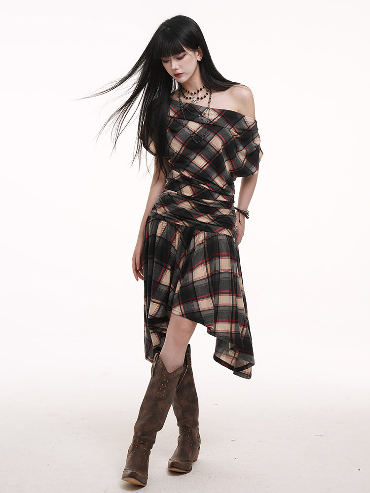 Hem Black Asymmetric Red Flounce Ruched with Apricot Neck Dress Plaid