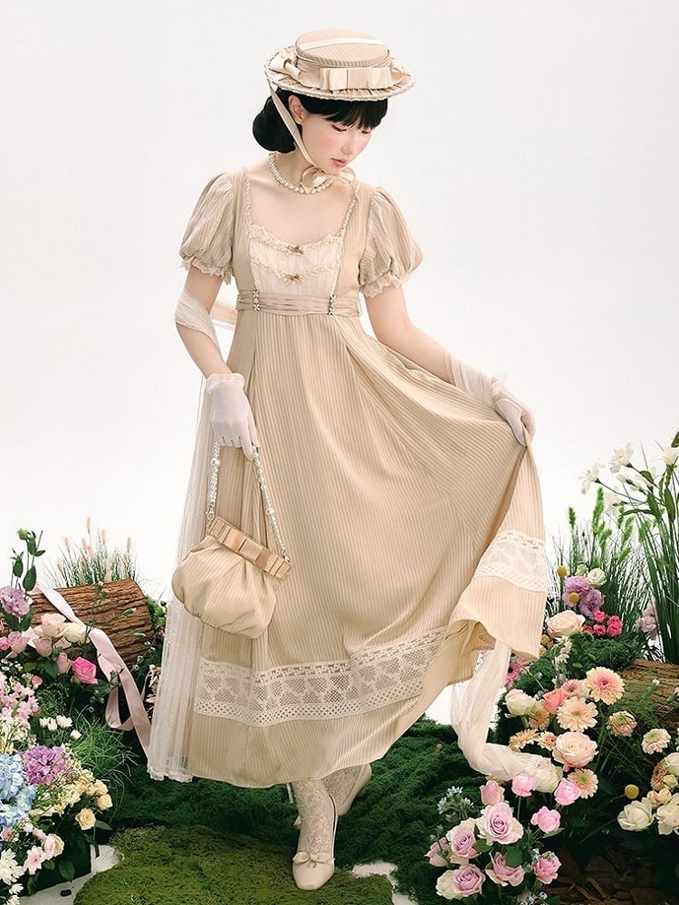 Champagne Elegant Short-Sleeved Empire Waist Lolita OP Gown with Lace Accents - KOMOMO