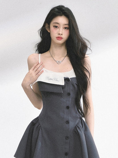 Faux Foldover Dress Two-pieces Spaghetti Gray Collar Strap