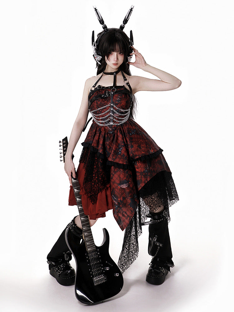 Plaid Hem Strawberry Lolita Jumper Gothic Skirt and Asymmetrical ansd Black Red Pattern