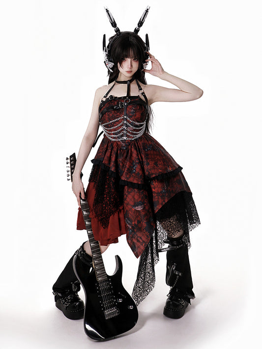 Plaid Hem Strawberry Lolita Jumper Gothic Skirt and Asymmetrical ansd Black Red Pattern