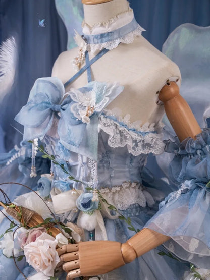 Volles Prinzessinnen-Blumen-Schmetterlings-Set-Design, blaues JSK Fairycore-Lolita-Kleid