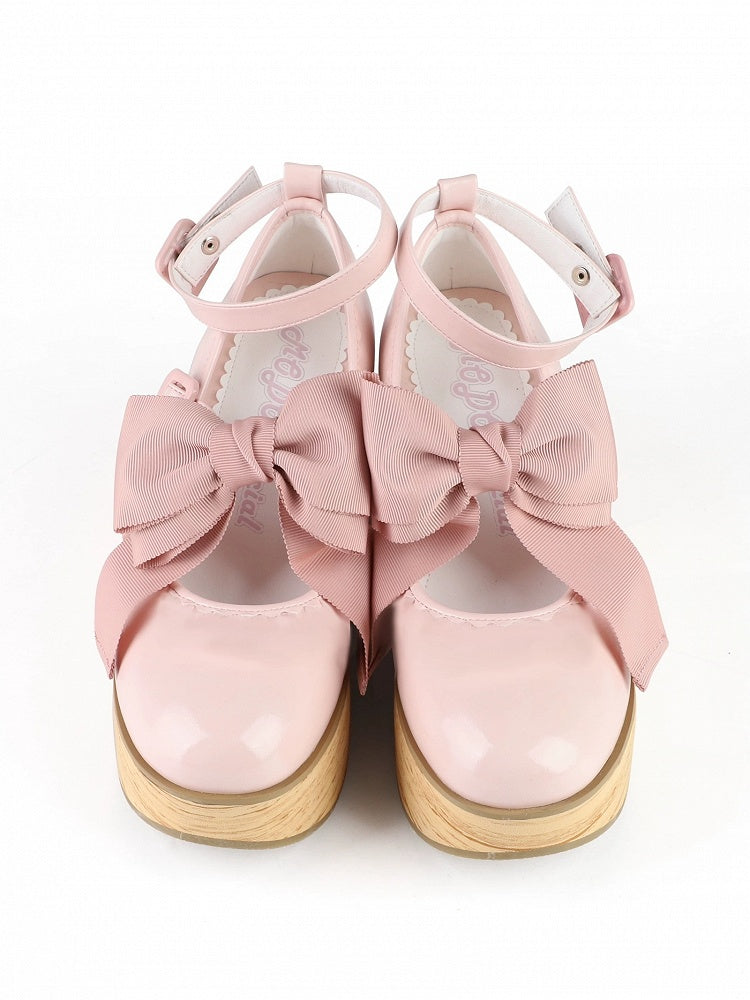 Lolita Decor Grain Wood in Sweet Leather Horse Platform Rocking Shoes PU Detachable Sole Bow - Pink