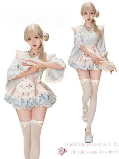 Blue Kimono-Style Long Sleeve Top with Ruffled Lace Accents