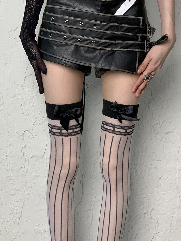 Semi-sheer Stockings Over Striped Pattern Bowknot White/Black Details Y2K Knee