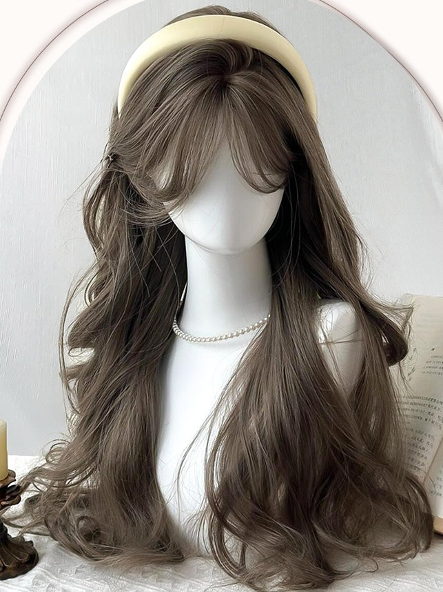 Braune lange gewellte Kunsthaarperücke mit Vorhangpony