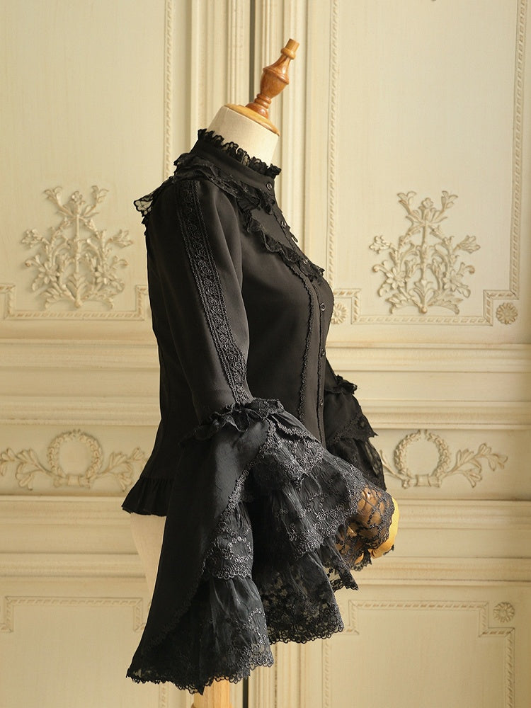 ブラック ジャボタイ フリルネックライン ロングベルスリーブ ブラウス