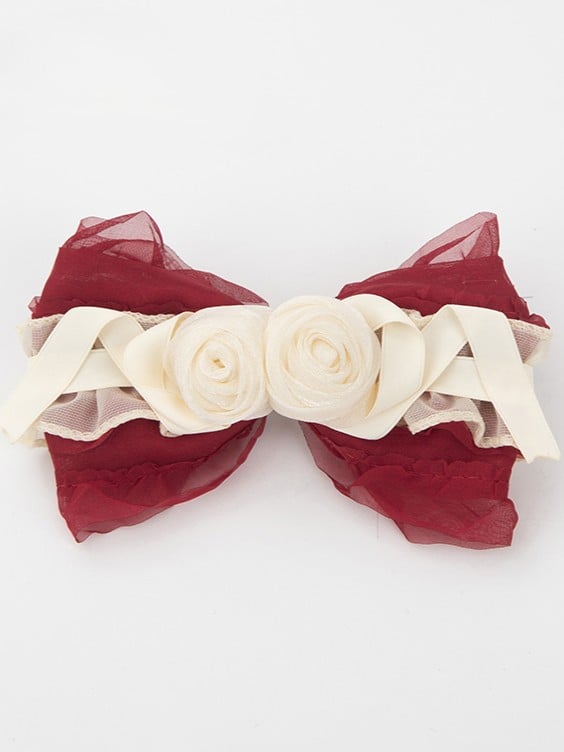 Design Lolita Sweet Hairclip Red Ruffled Beige Floral