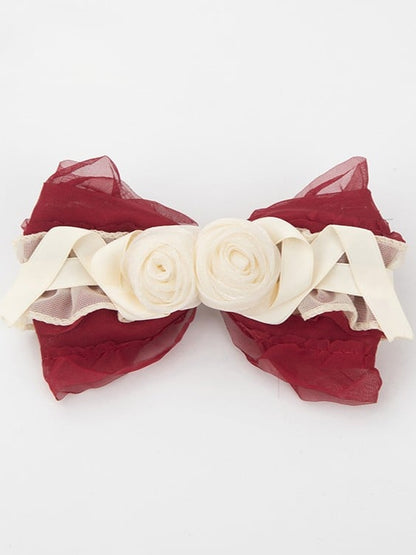 Design Lolita Sweet Hairclip Red Ruffled Beige Floral