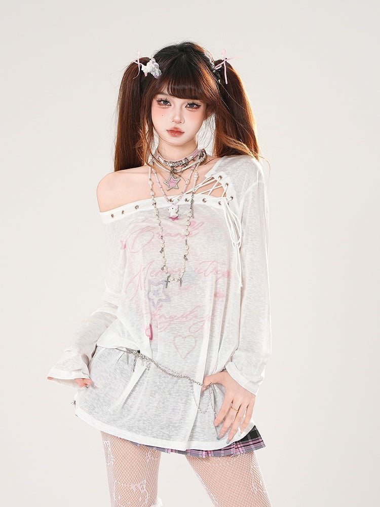 Semi-sheer Coverup Lace-up Asymmetrical Neckline Blue/White