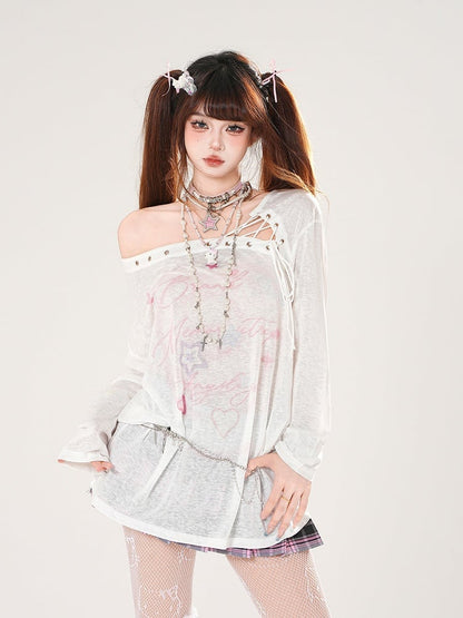 Semi-sheer Coverup Lace-up Asymmetrical Neckline Blue/White