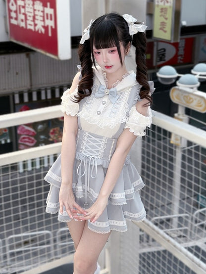 Light Dusty Blue Double-Layer Overall Skirt with Lace Trim - Puppet Bombs