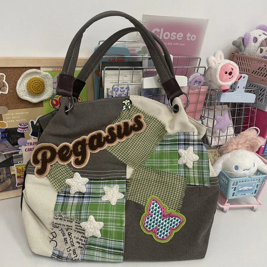 Applique Tote Patchwork Colorblock Butterfly Bag - Design with Vintage-Inspired Green