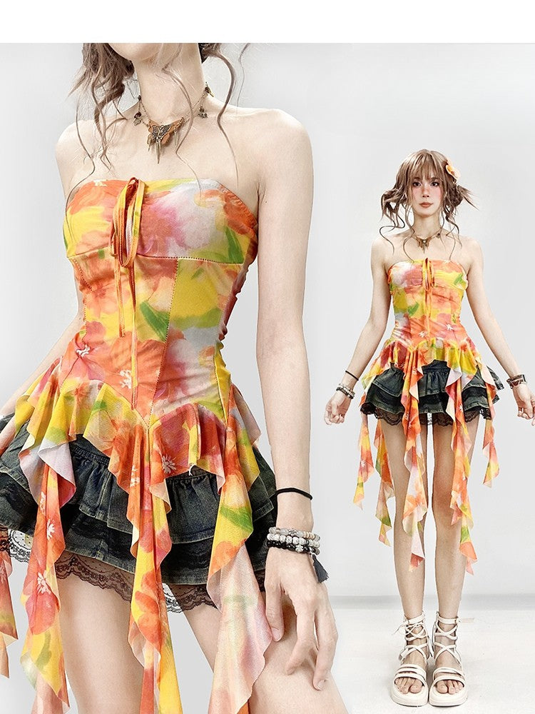 プリントトップ ラッフルアクセント オレンジチューブ ホリデーフローラルカスケーディング