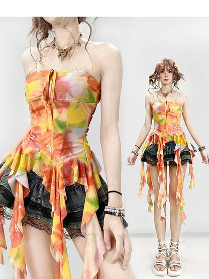 プリントトップ ラッフルアクセント オレンジチューブ ホリデーフローラルカスケーディング