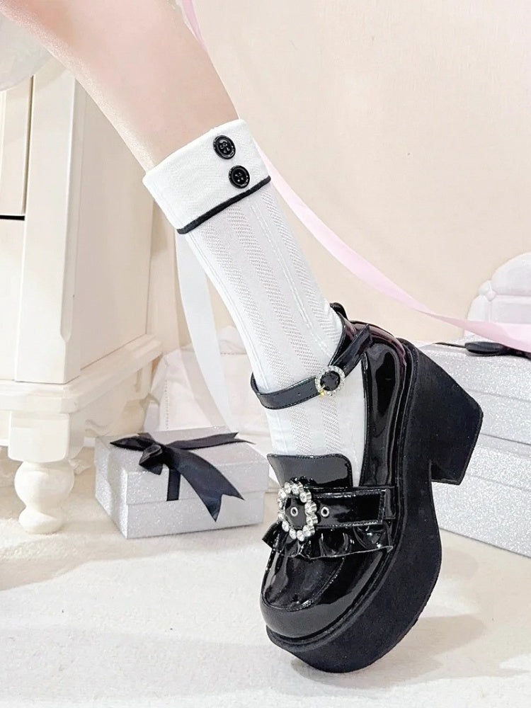 Jirai High 9CM Schwarze Block-Plateauschuhe mit poliertem Knöchelriemen und Kei-Absatz