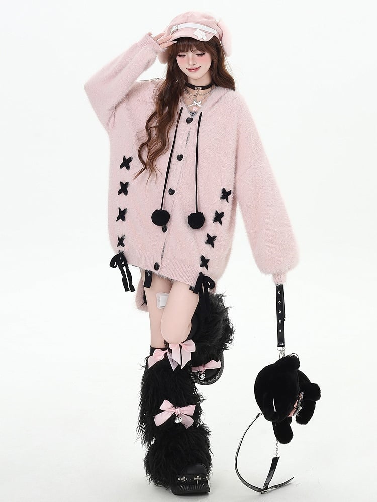 Rosafarbene Strickjacke mit Hasenohren und V-Ausschnitt und Kapuze mit Schnürdetail