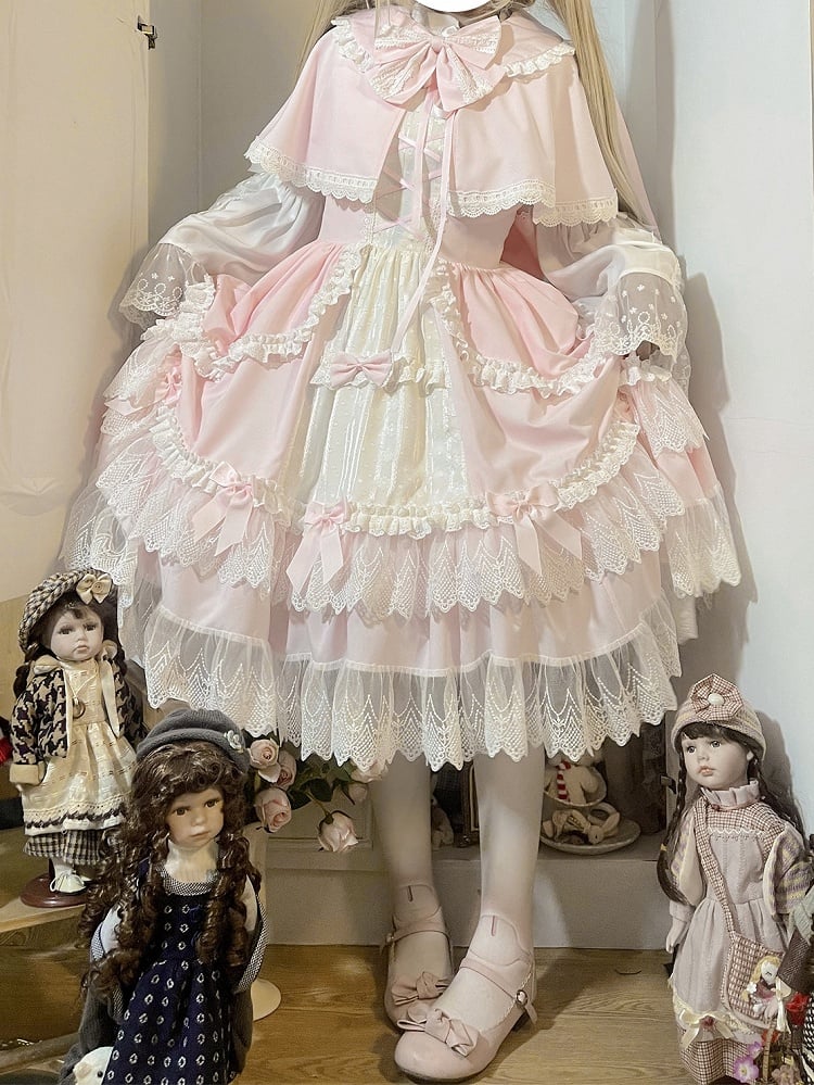 Rosa und weißes Old School Lolita Fashion Kleid Bowknot Detais Lolita JSK Set