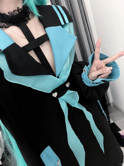 Style Landmine Black Futuristic Sailor Collar  Cross Halter Neck Long Top with Contrast Green