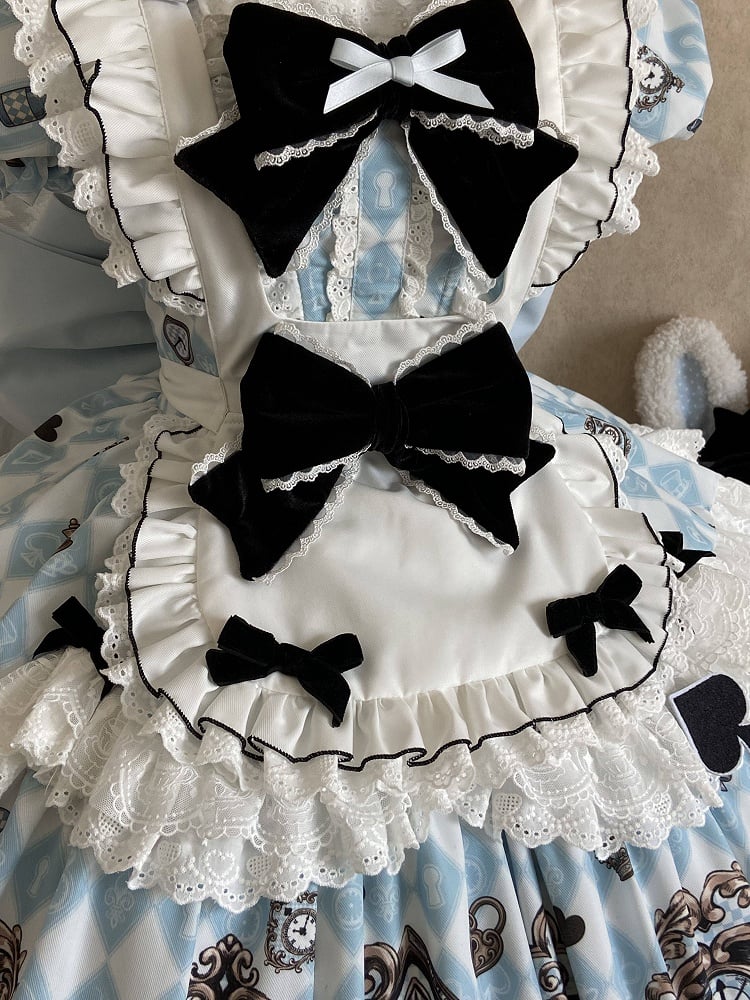Blue White Diamond Sweet Lolita OP Dress with White Apron - Untitled Heartbeat
