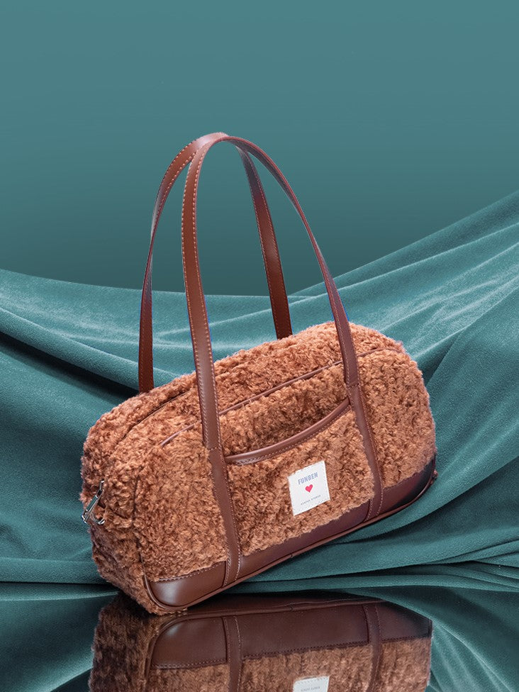 Baguette Faux with Fur Brown Heart Tag Teddy Bag