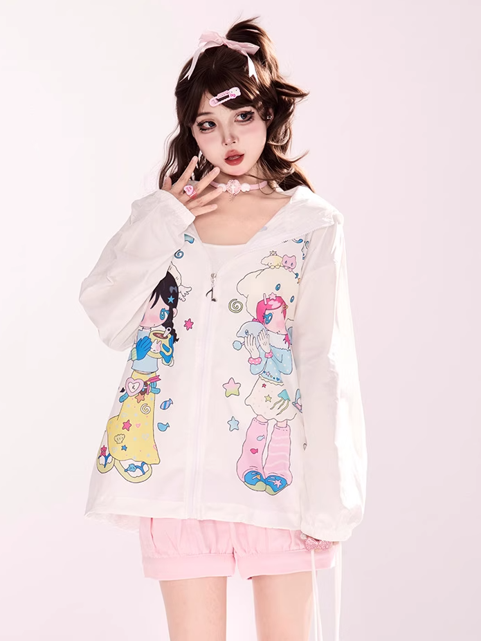 Zip-up Hooded Jacket Cartoon Girl Print White Y2K