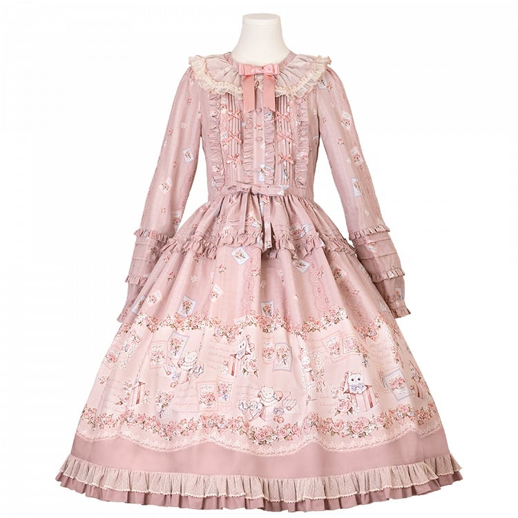 Pink Floral and Kitty Spring Long Sleeves Pink House Style Sweet Lolita Dress