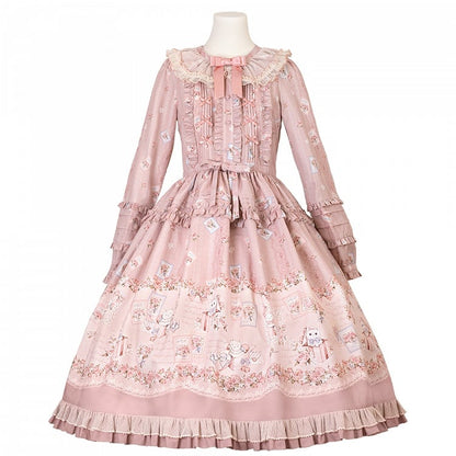 Pink Floral and Kitty Spring Long Sleeves Pink House Style Sweet Lolita Dress