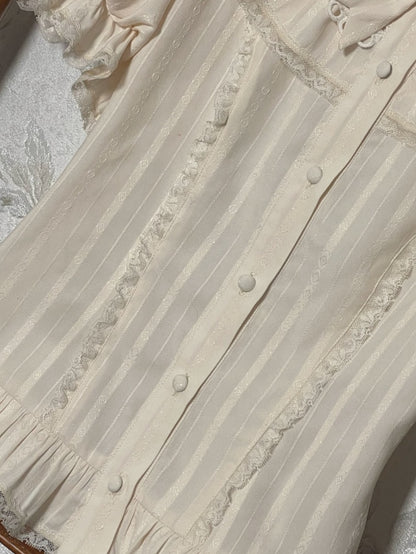 Short Sleeves Ruffle Beige Neckline Blouse Puff