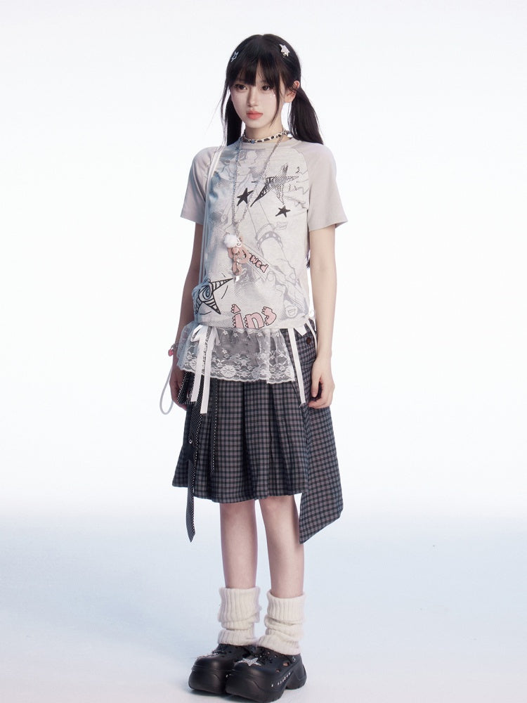 Gray Colorblock Design Y2K Print Slim-fitting T-shirt