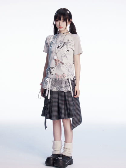 Gray Colorblock Design Y2K Print Slim-fitting T-shirt