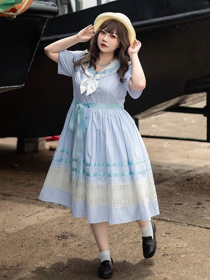 Sailor Muster Verfügbar Plus Blau Lolita Kleid Größen Meer Kragen Jacquard Sommer Gestreiften Shell