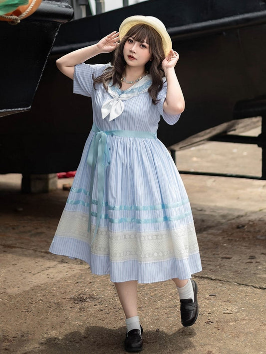 Sailor Muster Verfügbar Plus Blau Lolita Kleid Größen Meer Kragen Jacquard Sommer Gestreiften Shell