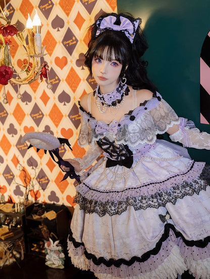 KC Wrist Cuffs Lolita Full Shoulder Choker Veil Set + Dress Mini Off Hime Purple Hat