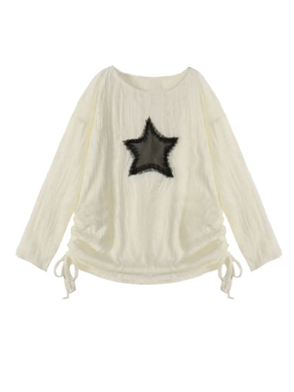 White with Graphic Detail Hole Hem Top Off-Shoulder Tie Star Distressed