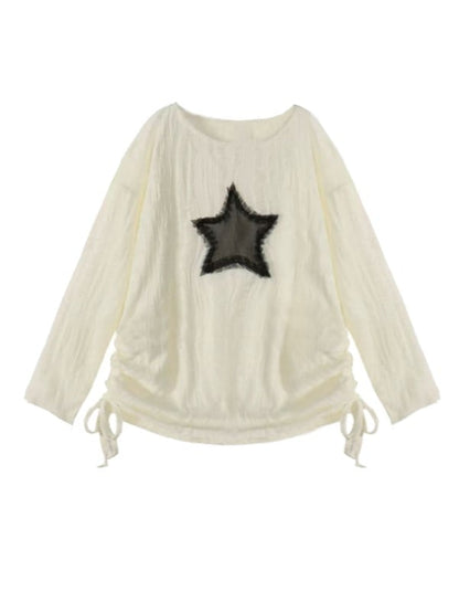 White with Graphic Detail Hole Hem Top Off-Shoulder Tie Star Distressed