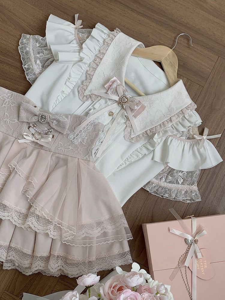 Landmine Style Pink & White Lace Cutout Shoulder Short Sleeve Blouse with Ruffle Details - Ekomi