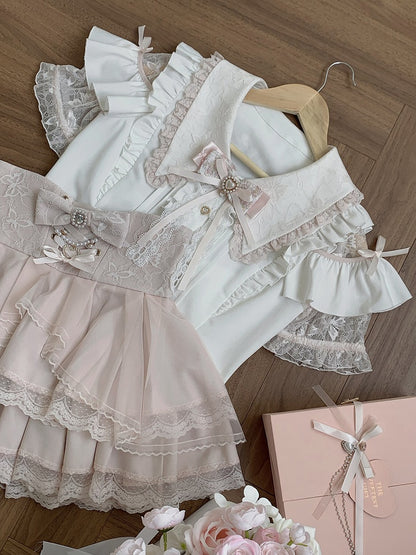 Landmine Style Pink & White Lace Cutout Shoulder Short Sleeve Blouse with Ruffle Details - Ekomi