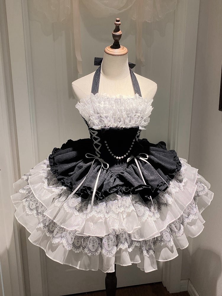 Balletcore Schwarzes Neckholder-Kleid mit weißem Prinzessinnen- und Lolita-Ausschnitt